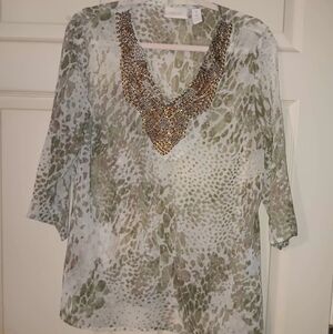 Chicos Elegant Beaded V-Neck Women's Blouse Animal Print Chiffon